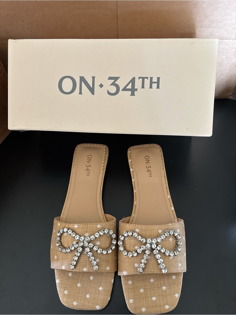 Tan Polka Dot Slide Mules with Crystal Bow